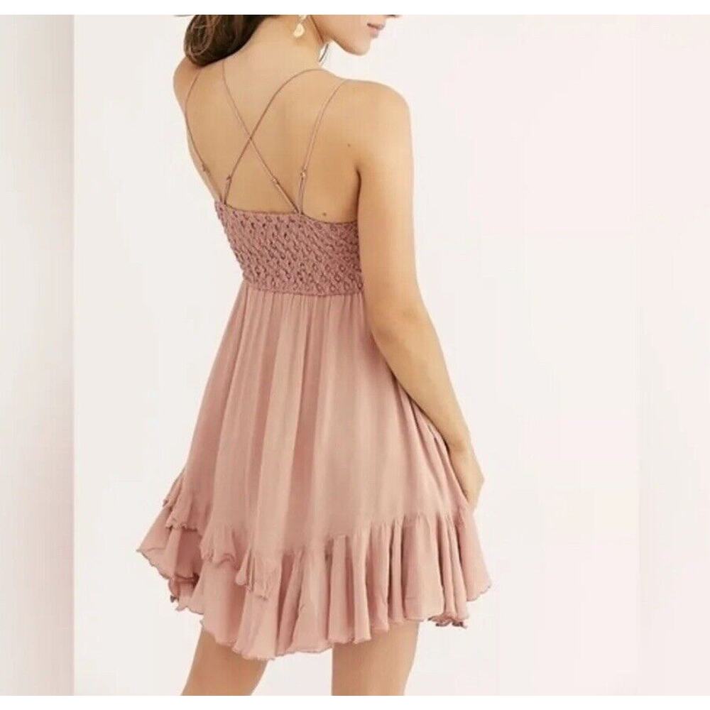 Free People One X-Small Adella Slip Mini Dress Rose Crochet Lace Flowy Smocked - Picture 3 of 12